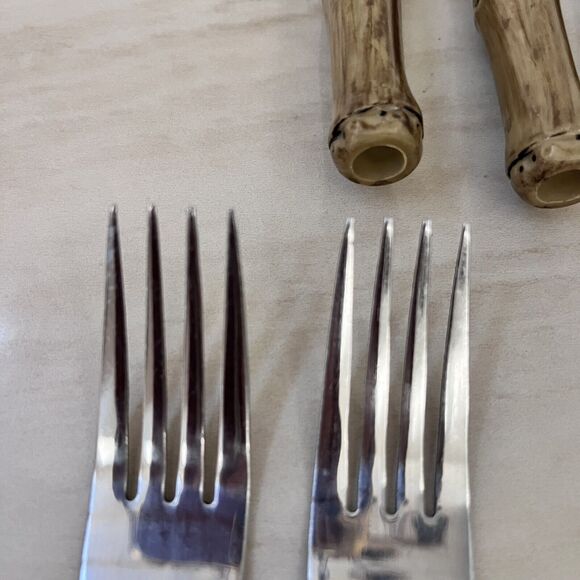 Vintage Faux Bamboo Stainless Steel Flatware 2 Dinner Forks + 4 Knives - Picture 5 of 9